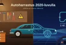 Piirroskuva autosta, jonka takaosa on aitoa petroolinsinistä peltiä lämpimässä kotitallissa työkaluseinän ja työkaluvaunun vieressä, kun taas etuosa muuttuu hehkuvaksi rautalankamalliksi simulaattoriajon digitaalisessa maailmassa ratakartan, kierrosajan ja etualan ajosimulaattorin ratin kanssa.
