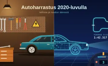 Autoharrastus 2020-luvulla Piirroskuva autosta, jonka takaosa on aitoa petroolinsinistä peltiä lämpimässä kotitallissa työkaluseinän ja työkaluvaunun vieressä, kun taas etuosa muuttuu hehkuvaksi rautalankamalliksi simulaattoriajon digitaalisessa maailmassa ratakartan, kierrosajan ja etualan ajosimulaattorin ratin kanssa.