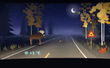 Autolla syksyliikenteessä – näin ajat turvallisesti pimeällä ja liukkaalla Piirroskuva, jossa auton tuulilasin läpi näkyy pimeä ja märkä metsätie: ajovalojen valossa hirvi astuu tielle hirvivaroitusmerkin kohdalla, asfaltilla on pudonneita syyslehtiä ja tuulilasinäytössä palaa liukkaudesta varoittava lumihiutale ja lämpötila +1 °C.