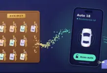 Autonvuokraus muuttaa muotoaan teknologian kehittyessä Piirroskuva vuokraamon puisesta avaintaulusta, jonka numeroidun avaimen 18 palat muuttuvat pikseleiksi ja lentävät älypuhelimeen, jonka näytöllä lukee ”Auto 18 – Noudettavissa nyt” ja ”Avaa auto”, kun vieressä odottava auto vilkuttaa valojaan.