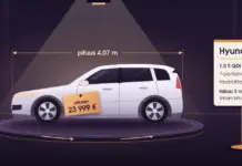 Hyundai i20 – tekniset tiedot, hinta ja mallisto Suomessa Piirroskuva valkoisesta viisiovisesta Hyundai i20 -viistoperästä esittelytilan pyörivällä kääntöalustalla kohdevalon alla: sivupeilissä roikkuu hintalappu ”alkaen 23 999 €”, auton yllä on mittaviiva ”pituus 4,07 m” ja vieressä tietotaulu, jossa lukee 1.0 T-GDi · 90 hv, 7-portainen DCT, tavaratila 352 l sekä takuu 5 vuotta ilman km-rajaa.