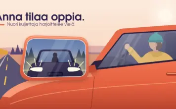 Nuoret kuljettajat ja aikuisten asenteet liikenteessä Piirroskuva korallinpunaisen auton sivupeilistä, jossa näkyy liian lähelle ajanut auto välkyttämässä pitkiä valojaan, kun pipopäinen nuori kuljettaja pitää tiukasti kiinni ratista, ja tekstinä lukee ”Anna tilaa oppia. Nuori kuljettaja harjoittelee vielä.”