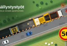 Päällystystöt tiellä: miten tietyöt vaikuttavat liikenteeseen ja miten ajat turvallisesti Ylhäältä kuvattu piirroskuva tietyömaasta, jossa asfalttilevitin ja jyrä päällystävät toista kaistaa kartiorivin takana, autot odottavat punaisissa työmaavaloissa tai ohittavat työmaan viereistä kaistaa ja keltapohjainen 50 km/h -nopeusrajoitusmerkki muistuttaa hidastamaan.