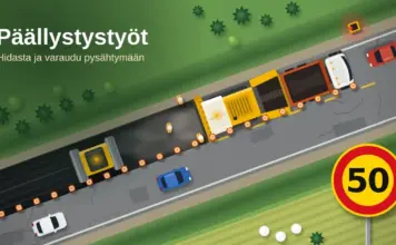 Päällystystöt tiellä: miten tietyöt vaikuttavat liikenteeseen ja miten ajat turvallisesti Ylhäältä kuvattu piirroskuva tietyömaasta, jossa asfalttilevitin ja jyrä päällystävät toista kaistaa kartiorivin takana, autot odottavat punaisissa työmaavaloissa tai ohittavat työmaan viereistä kaistaa ja keltapohjainen 50 km/h -nopeusrajoitusmerkki muistuttaa hidastamaan.