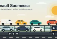 Piirroskuva autonkuljetusrekasta, joka kuljettaa järvimaiseman ja koivujen ohi kahdessa kerroksessa värikkään valikoiman henkilöautoja ja pakettiauton, joista monessa on sähköautoa kuvaava salamamerkki, sekä otsikko Renault Suomessa.