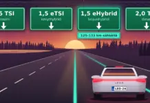 SEAT Leon: moottorit, lataushybridi, mitat ja hinnat – ostajan opas Piirroskuva helmenvalkoisesta SEAT Leon -viistoperästä takaapäin auringonlaskun värjäämällä moottoritiellä, jonka kaistojen yläpuolella olevat opasteet nimeävät voimalinjat 1,5 TSI, 1,5 eTSI, 1,5 eHybrid ja 2,0 TDI, ja auto ajaa turkoosina hehkuvalla lataushybridin kaistalla, jonka lisäkilvessä lukee ”125–133 km sähköllä”.