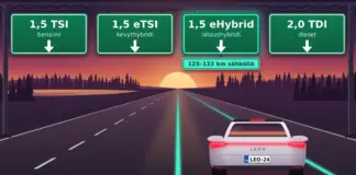 SEAT Leon: moottorit, lataushybridi, mitat ja hinnat – ostajan opas Piirroskuva helmenvalkoisesta SEAT Leon -viistoperästä takaapäin auringonlaskun värjäämällä moottoritiellä, jonka kaistojen yläpuolella olevat opasteet nimeävät voimalinjat 1,5 TSI, 1,5 eTSI, 1,5 eHybrid ja 2,0 TDI, ja auto ajaa turkoosina hehkuvalla lataushybridin kaistalla, jonka lisäkilvessä lukee ”125–133 km sähköllä”.