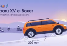Subaru XV e-Boxer: tekniset tiedot, hinnat ja ostajan opas Piirroskuva oranssista crossoverista nousemassa lumista tunturirinnettä aamuruskossa; auton alla oleva mittaviiva korostaa 220 millimetrin maavaraa, ja vasemmassa yläkulmassa on otsikko Subaru XV e-Boxer sekä bokserimoottorin symboli.