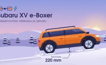 Subaru XV e-Boxer: tekniset tiedot, hinnat ja ostajan opas Piirroskuva oranssista crossoverista nousemassa lumista tunturirinnettä aamuruskossa; auton alla oleva mittaviiva korostaa 220 millimetrin maavaraa, ja vasemmassa yläkulmassa on otsikko Subaru XV e-Boxer sekä bokserimoottorin symboli.