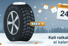 Talvirenkaiden vaihto – käyttöajat, renkaat ja turvallinen renkaanvaihto Piirroskuva lumihangessa seisovasta nastatalvirenkaasta, jonka urasyvyyden oranssi mittari näyttää olevan 3,0 mm, kun lokakuun kalenterin lehdet lentävät tuulessa ja muuttuvat lumihiutaleiksi ja tekstinä lukee ”Keli ratkaisee, ei kalenteri.”