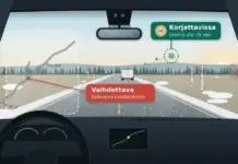 Piirroskuva kuljettajan paikalta keväiselle maantielle: edellä ajavan kuorma-auton renkaista sinkoutunut kivi on tehnyt matkustajan puolelle alle 25 millimetrin iskemän, joka on merkitty korjattavaksi, kun taas lasin reunasta kuljettajan näkökenttään ulottuva halkeama on merkitty vaihdettavaksi.