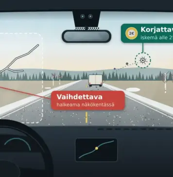 Tuulilasivaurio: milloin kiveniskemän voi korjata ja milloin tuulilasi on vaihdettava Piirroskuva kuljettajan paikalta keväiselle maantielle: edellä ajavan kuorma-auton renkaista sinkoutunut kivi on tehnyt matkustajan puolelle alle 25 millimetrin iskemän, joka on merkitty korjattavaksi, kun taas lasin reunasta kuljettajan näkökenttään ulottuva halkeama on merkitty vaihdettavaksi.